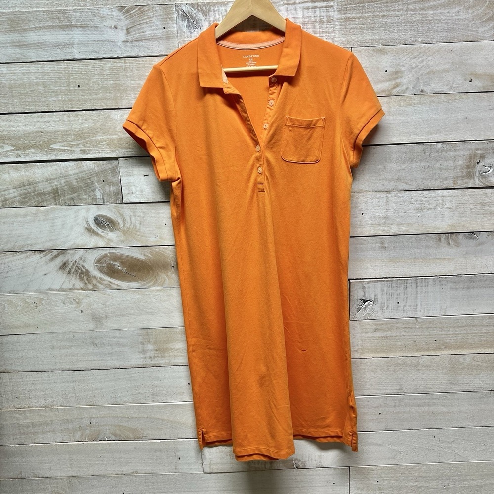 Lands End Polo Shirt Dress Womens Petite‎ Large LP 14-16 Orange Pocket Preppy
